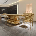 Layered Hammered Gold Dining Table with Dark Breccia Marble Top